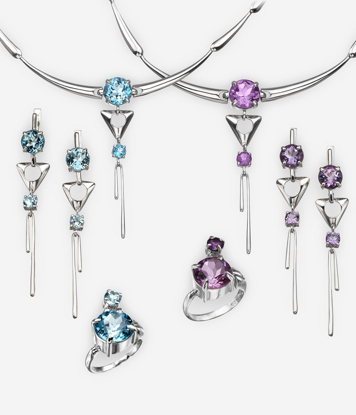 The Ariadna jewelry collection features long drop elements crafted from 925 sterling silver and set with blue topaz or amethyst gems
