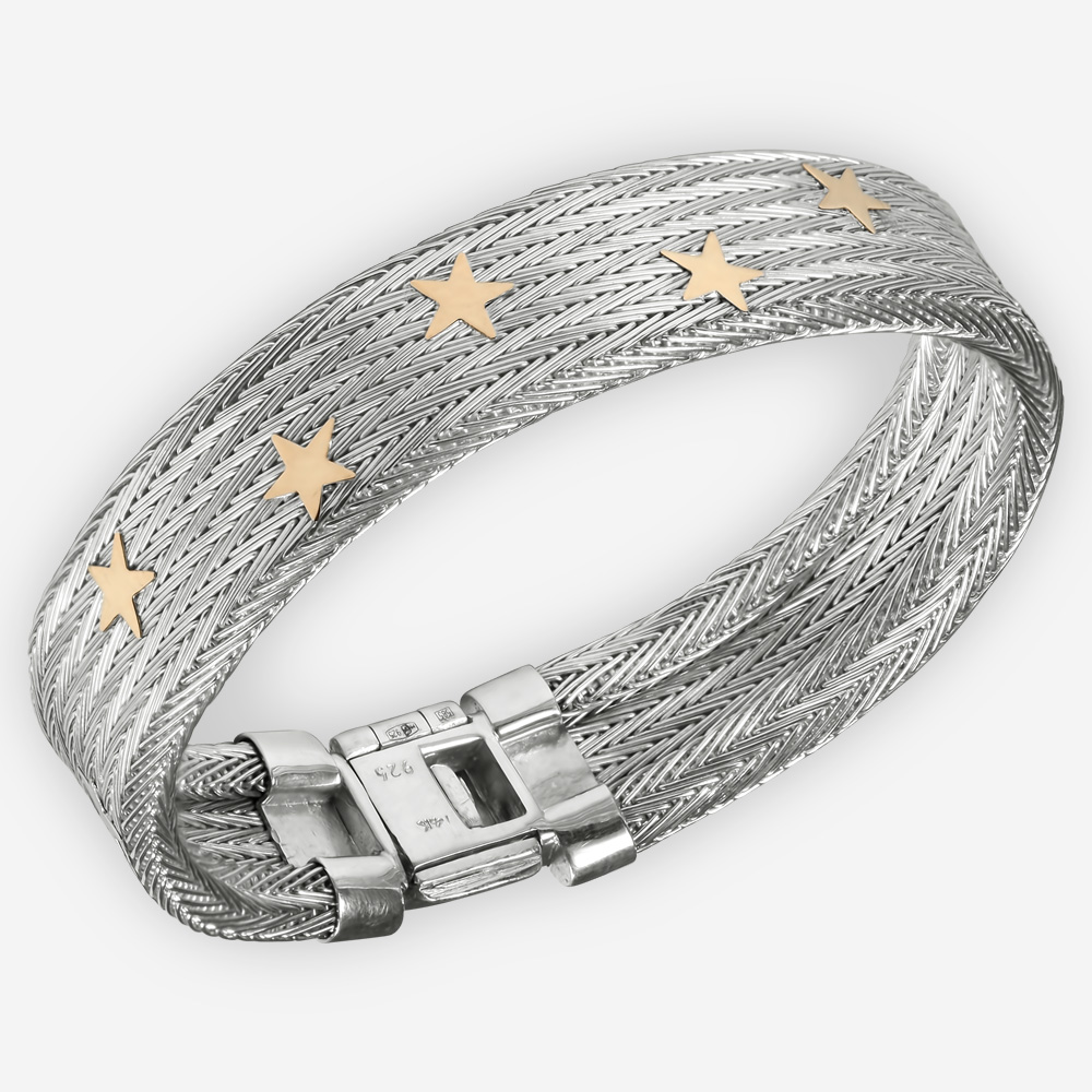Brazalete tejida a mano con diseño de arenque hecha a mano de plata fina .925 con estrellas de oro de 14k.