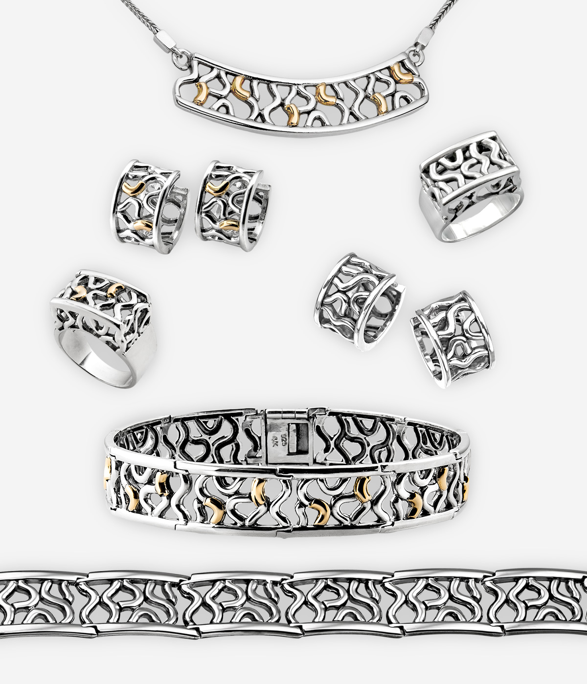 The Kim jewelry collection is crafted in 925 sterling silver and some pieces feature 14k gold elements.