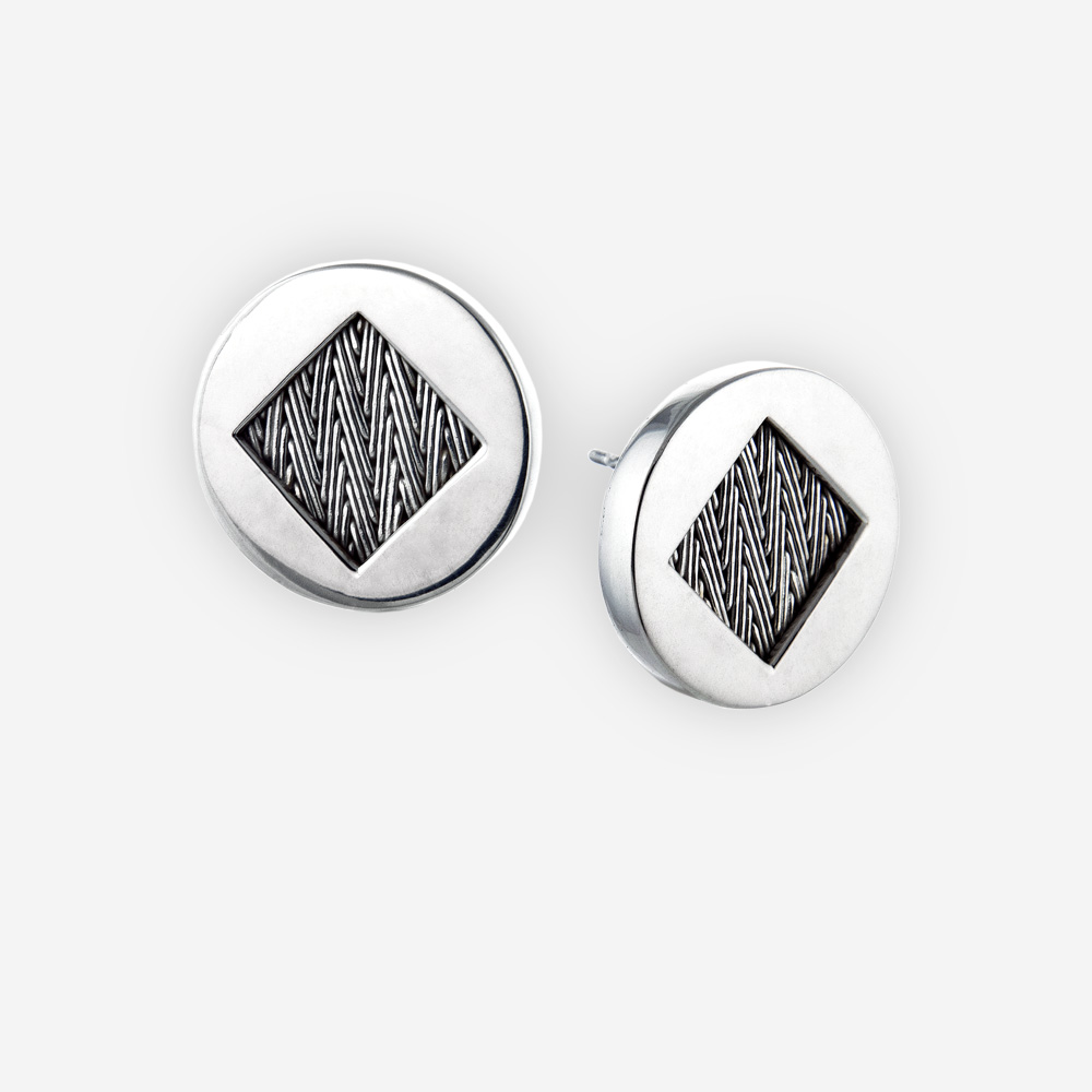 Round cutout silver herringbone weave posts have a diamond shaped design and crafted from 925 sterling silver.